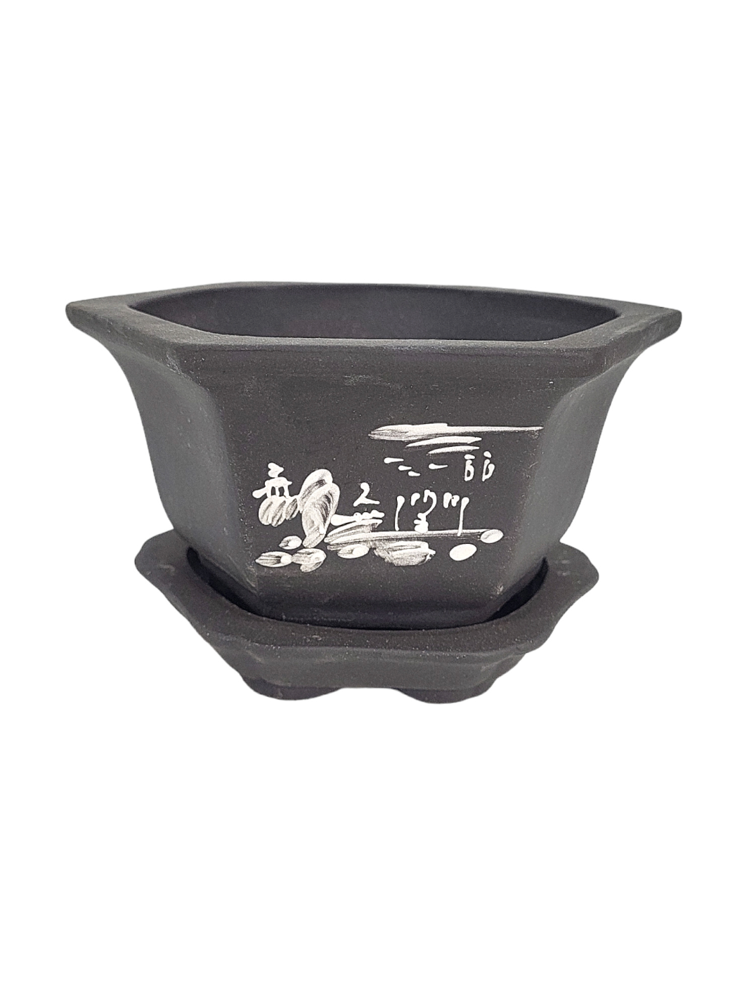 Pot hexagonal non émaillé décoré avec soucoupe