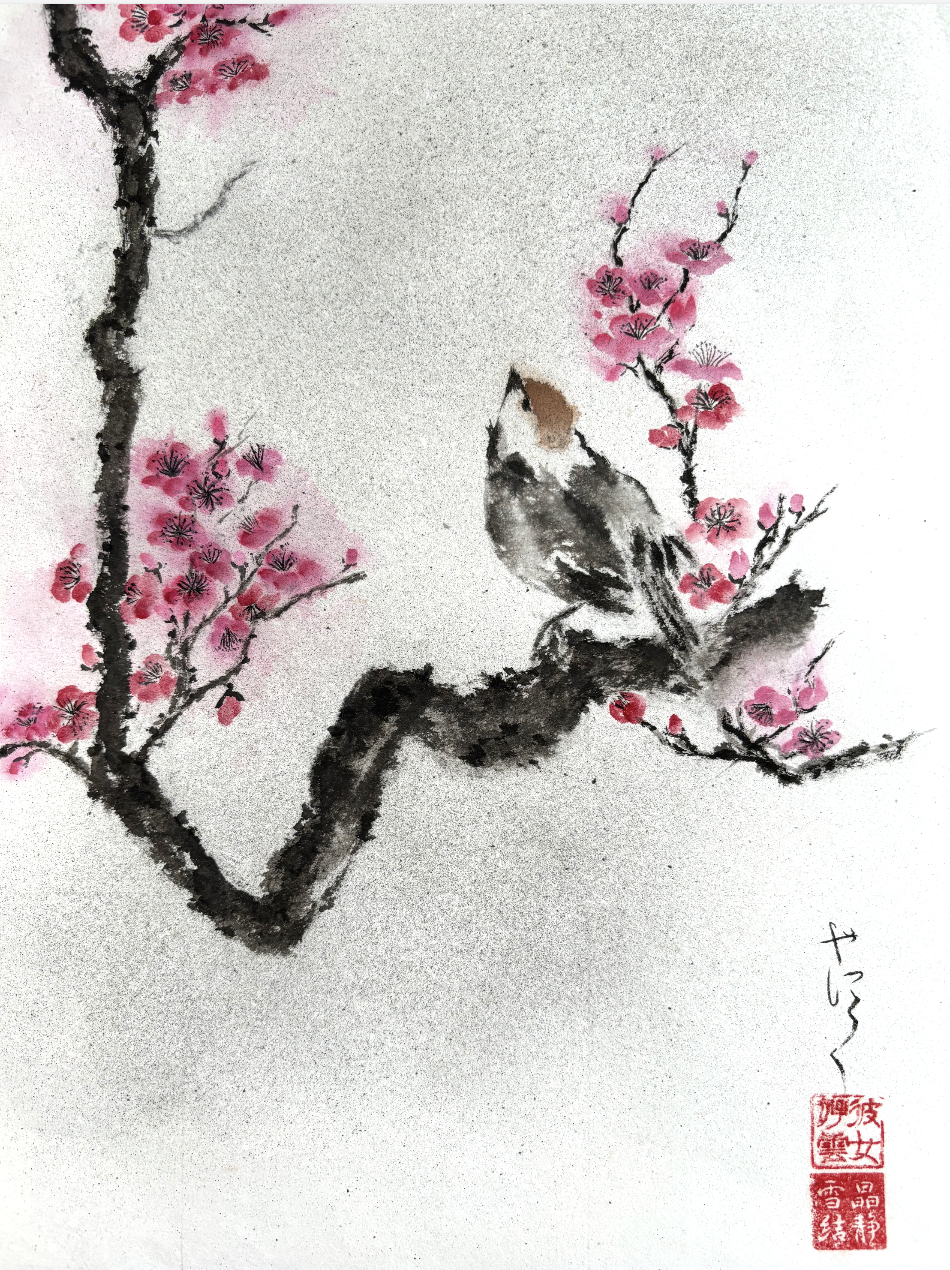 Sumi-e "L'oiseau sur son cerisier"