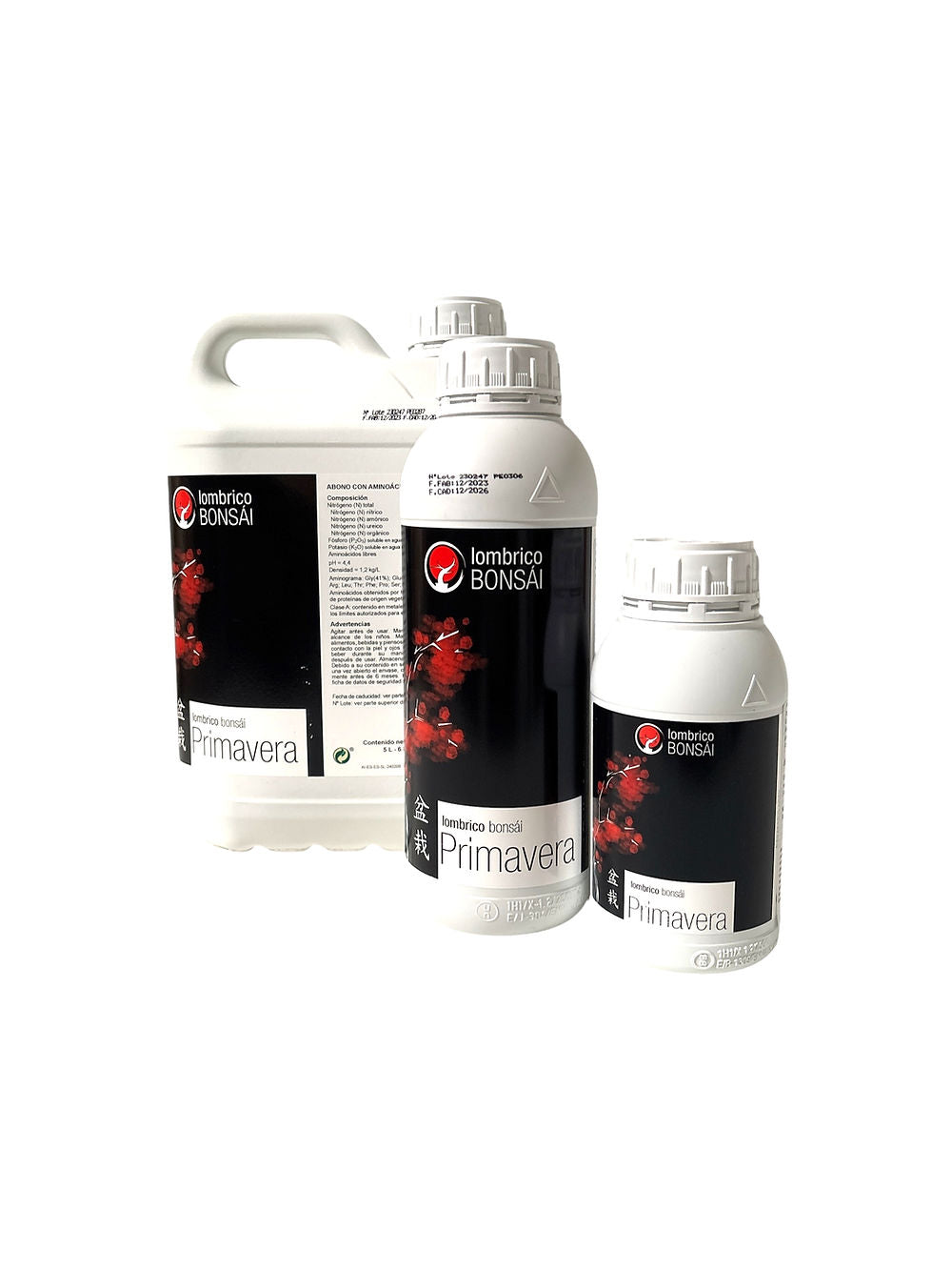 Flacon d’engrais liquide Lombrico Bonsái Primavera NPK 6-6-6, avec magnésium et acides aminés, pour stimuler croissance des bonsaïs au printemps et été.