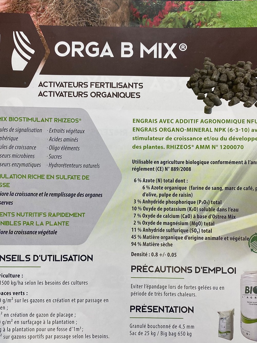 Engrais organo-minéral 6-3-10 riche en potasse avec stimulateur de croissance Rhizeos, idéal pour bonsaïs et agriculture biologique.