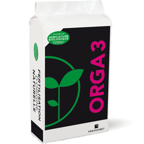 Sac d’engrais organique ORGA 3 NPK 3-2-3 avec guano d’oiseaux marins, nutrition complète pour bonsaïs matures, formats réemballés disponibles.