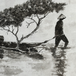 Esquisse japonaise à l'encre de Chine, suspendue par fil nylon, œuvre d'une artiste bordelaise, dimensions 63 cm x 50 cm.