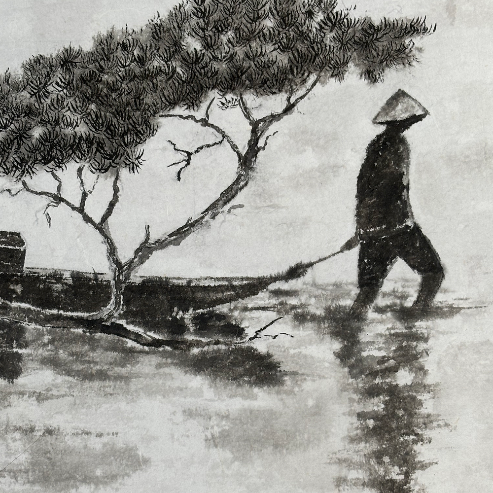 Esquisse japonaise à l'encre de Chine, suspendue par fil nylon, œuvre d'une artiste bordelaise, dimensions 63 cm x 50 cm.