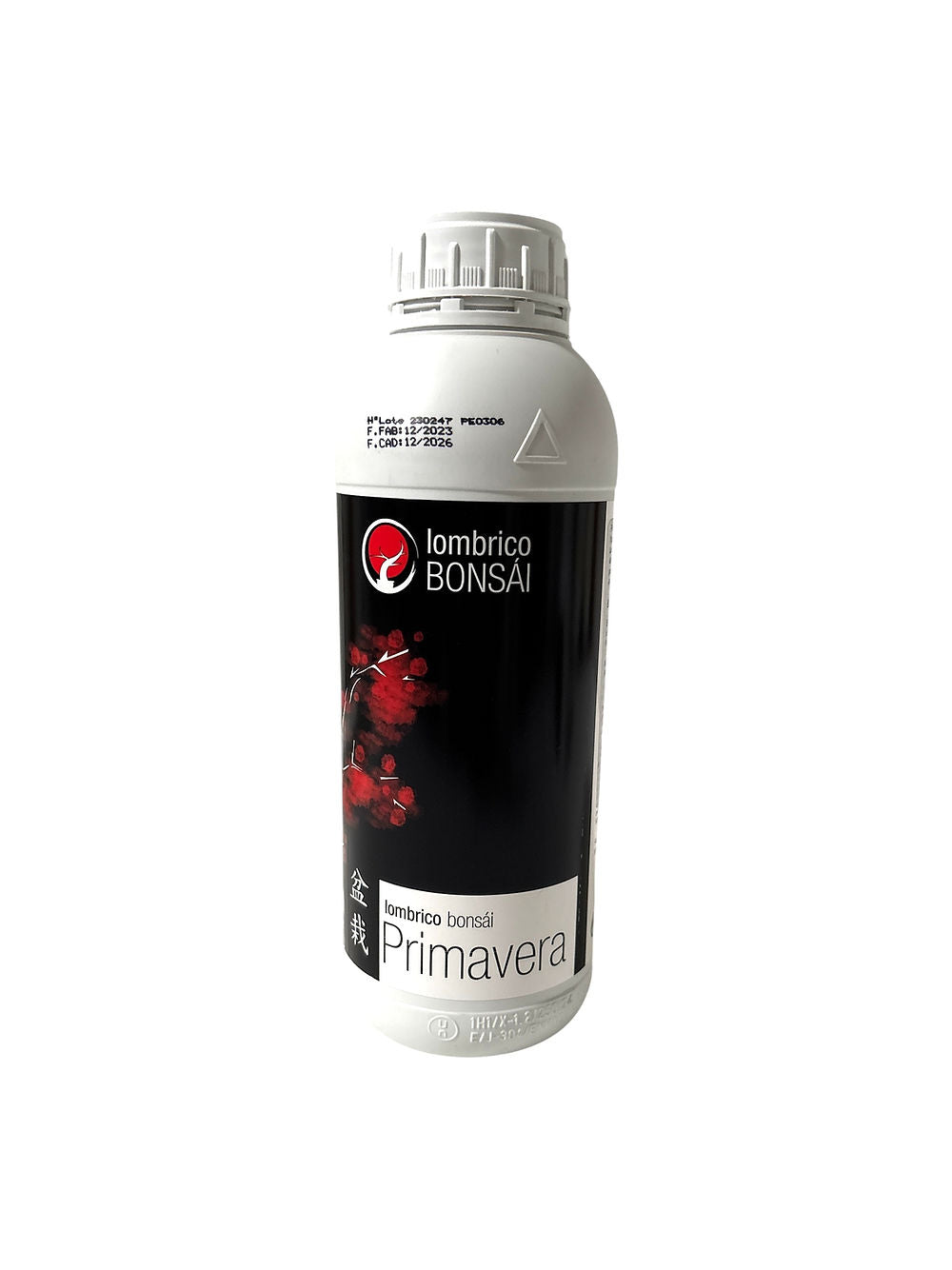 Flacon d’engrais liquide Lombrico Bonsái Primavera NPK 6-6-6, avec magnésium et acides aminés, pour stimuler croissance des bonsaïs au printemps et été.