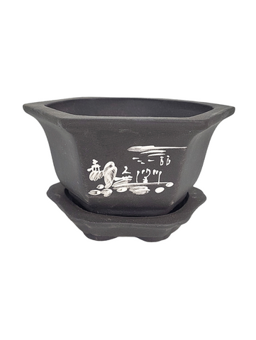 Pot hexagonal non émaillé décoré avec soucoupe
