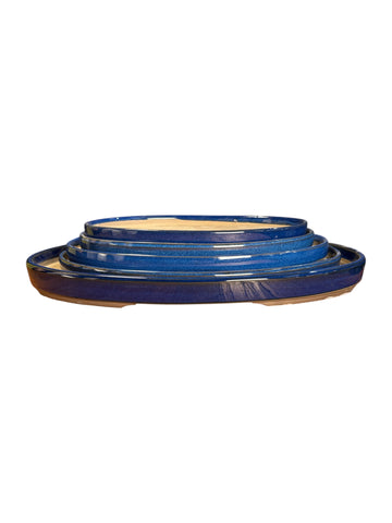 Pot ovale plat pour forêt de bonsaï émaillé - Bleu de Chine