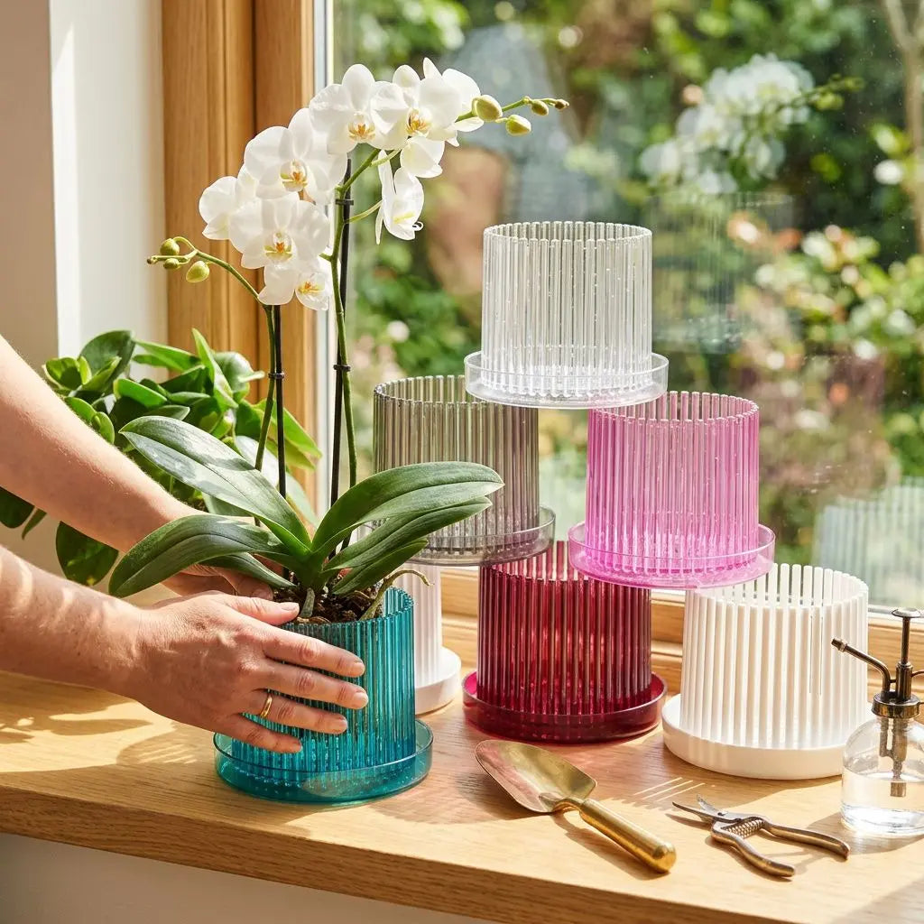 Pot d’orchidées Orchitop® - Taille M posé sur une fenêtre, entouré de pots colorés empilables translucides; main ajustant la plante.