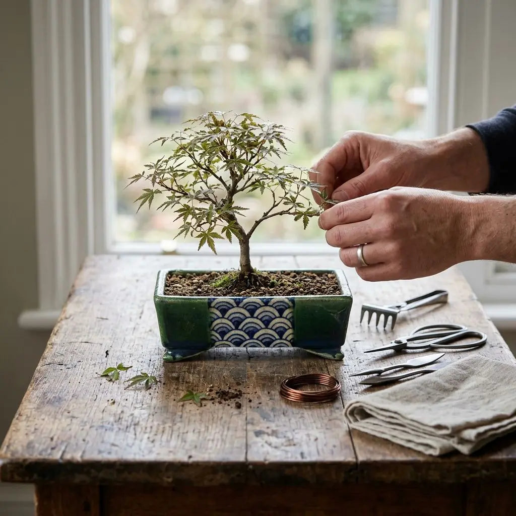 Pot bonsaï Terahata Satomi en train d’être taillé dans un pot décoratif bleu-vert, outils de bonsaï à côté.