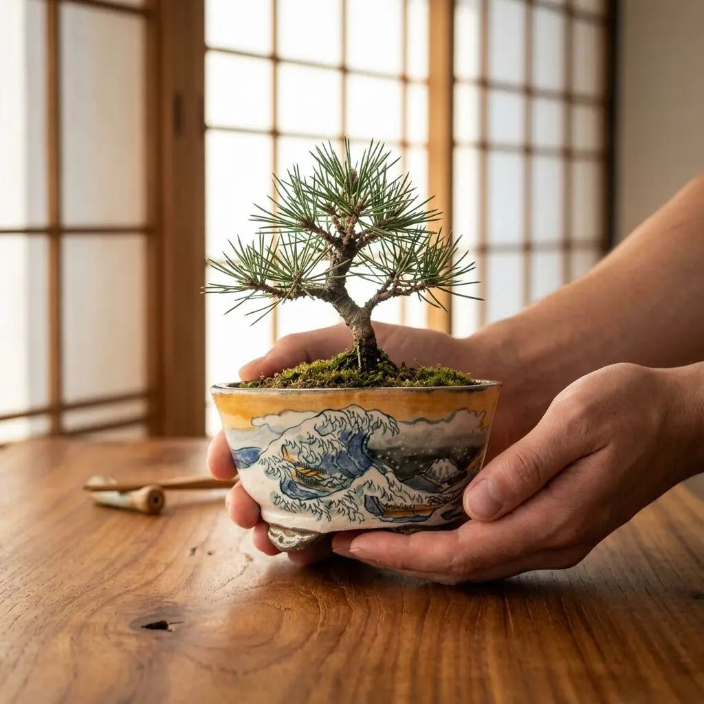 Petit bonsaï Pin au pot décoratif posé dans les mains, sur une table en bois, ambiance japonaise. Pot nommé Pot de Tosui.