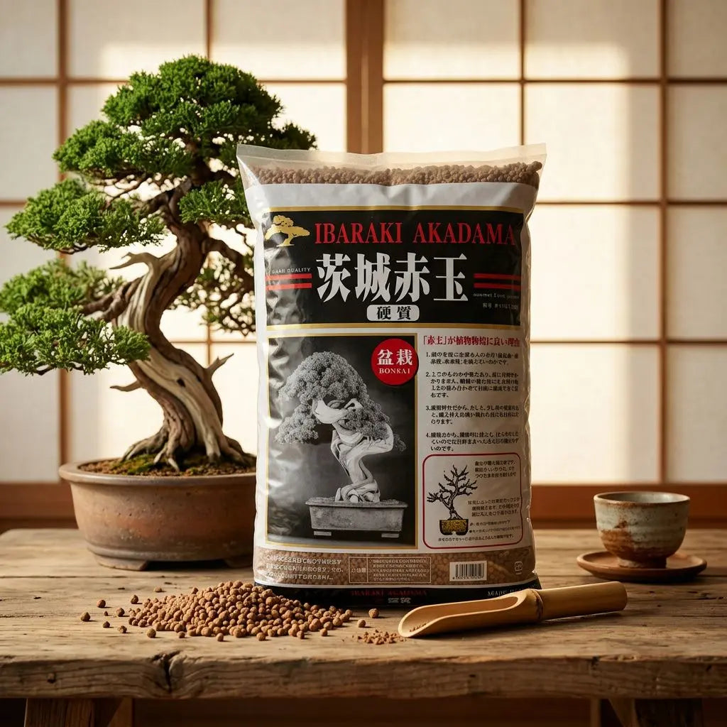 Akadama Ibaraki 14L – grains moyens (2–6 mm) en sac sur une table, avec un bonsaï et une petite coupe à côté et des graines dispersées au premier plan.