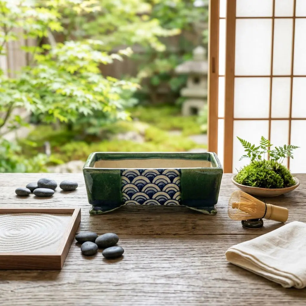 Pot bonsaï Terahata Satomi: bac décoré bleu et vert sur une table en bois, écléhsde jardin zen, petites pierres et pinceau à thé, ambiance zen japonaise.